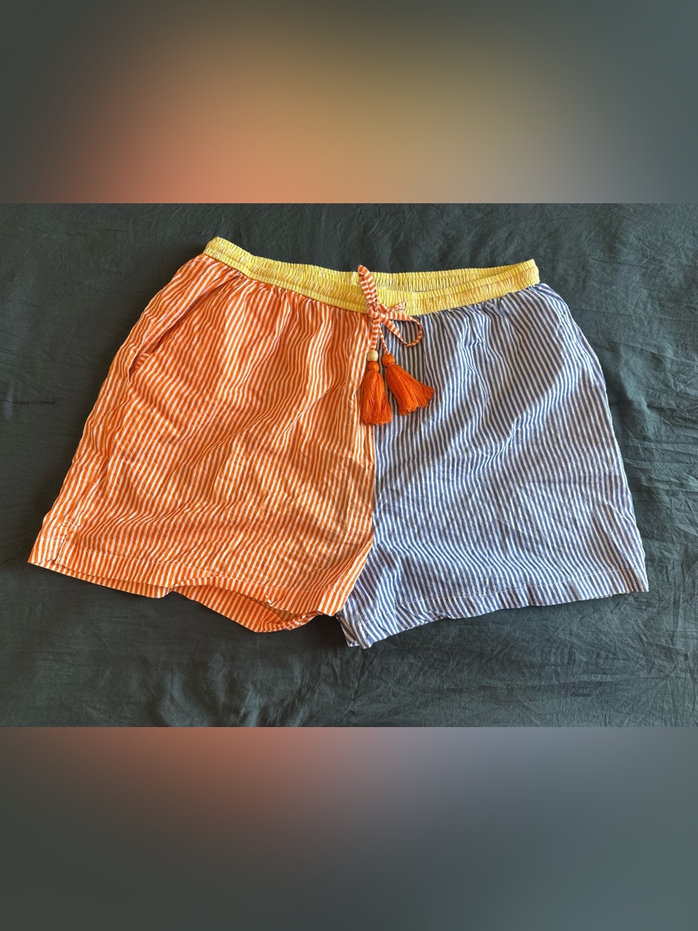 Striped Two-Tone Women’s Shorts with Tassel Tie - Orange & Blue - Size Medium